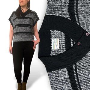 V-neck Vintage 80s Black & White Striped Short Sleeve Sweater Vest Golden Wings